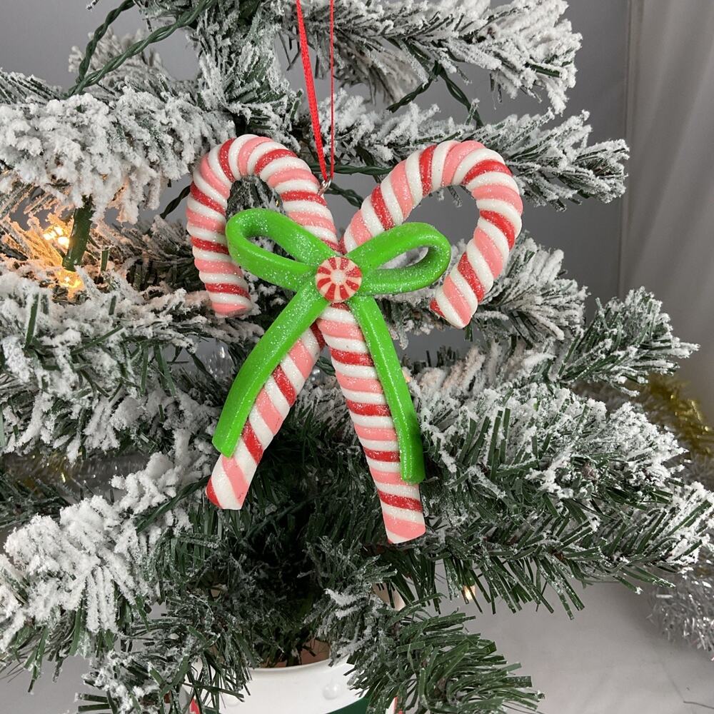 Christmas Ornament-Red And White Candy Cane With Green Ribbon Christmas Ornament